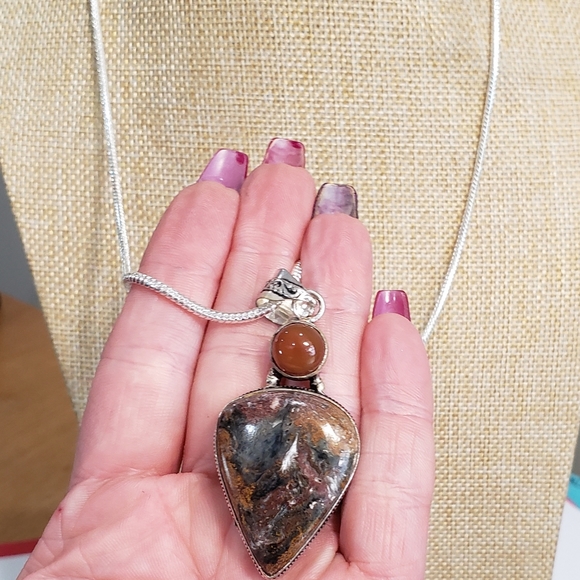 Jasper necklace, 925 silver jasper carnelian 925 silver pendant long necklace - Picture 12 of 13